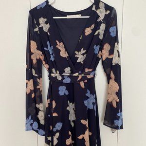 Lush Navy Floral Long Sleeve Summer Mini Dress